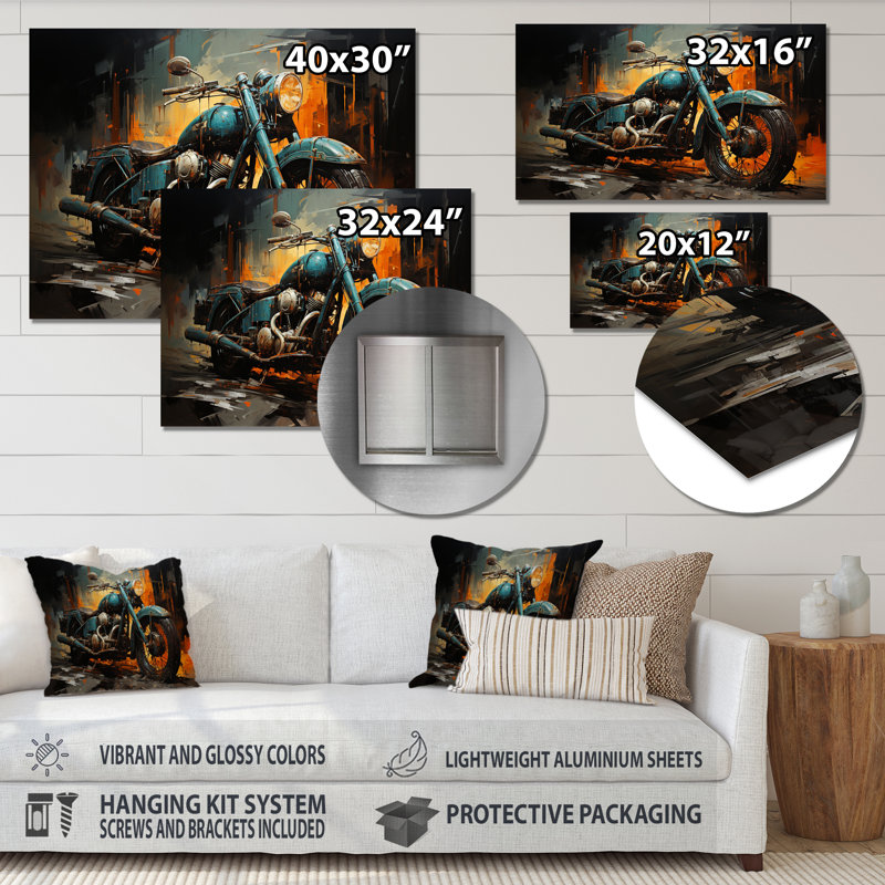 Motocyclette classique jaune et noir - art mural moto en métal, H 16 po x l 32 po x P 1 po