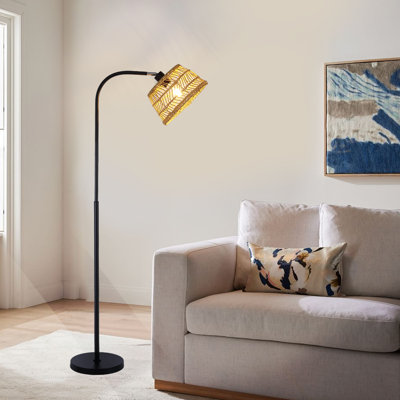 Alexcya 63'' Black Rattan Arched Floor Lamp with Remote Control and Dimmable Bulb Included