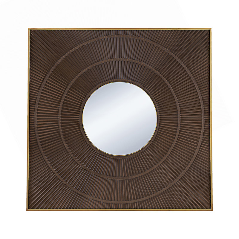 Square Carved Mirror With Pleated Design, Neutral Colorway Wall Decor, Gold/Brown