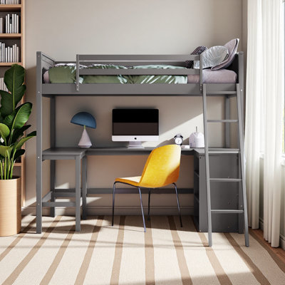 Lit mezzanine simple avec tablettes et bureau, lit mezzanine en bois avec bureau