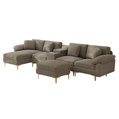  128" U-Shaped Chenille Sectional Sofa with Storage Console