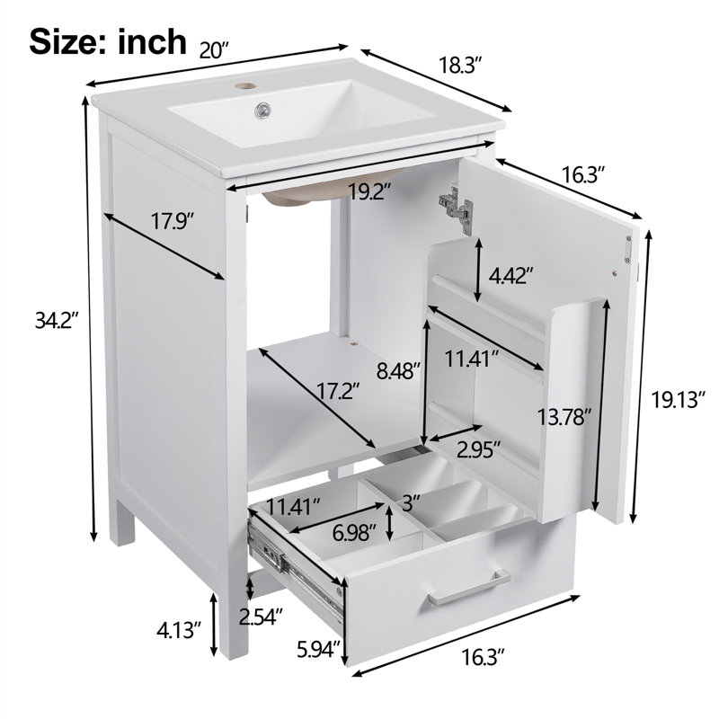Meuble-lavabo simple autoportant de 20 po avec porte à fermeture en douceur, tiroir divisé et support, Blanc