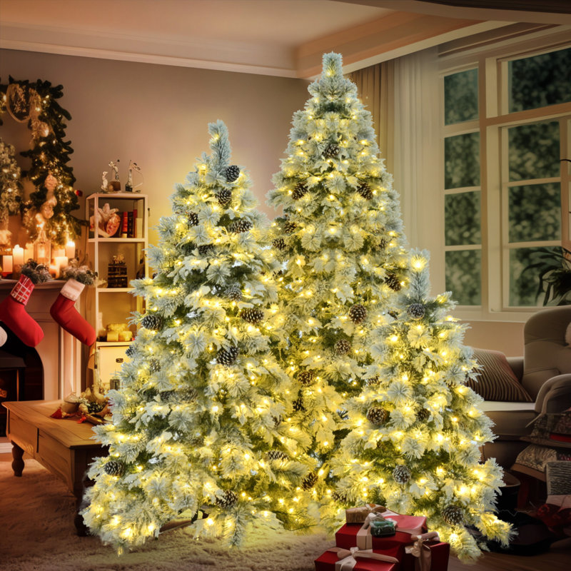 Pre-Lit Spruce Snow Flocked Xmas Tree Set - 4FT, 6FT, 7.5FT With Pine Cones, PE & PVC Mixed Leaves, Artificial Hinged Xmas Tree With 820 LED Lights & 11 Flashing Modes, Perfect For Holiday Decoration