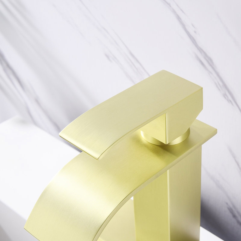 Single Handle Waterfall Spout Bathroom Sink Tap , Stainless Steel With Golden Accent For Lavatory Contemporary Faucet Spout, In And Brushed Gold Finish