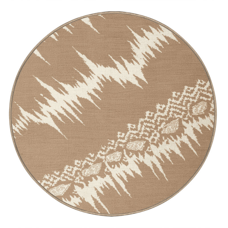 Tapis ikat bohémien brun et beige lavable à la machine, Rond 7 pi