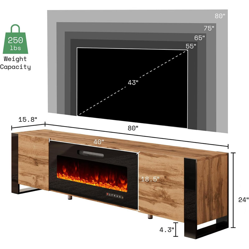 Bhhatu 80" TV Stand with Electric Fireplace Included, Rustic Oak, Rustic Oak, 80