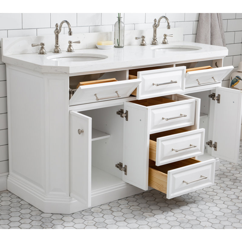 60" Palace Collection Quartz Carrara Cashmere Grey Bathroom Vanity Set With Hardware And F2-0012 Faucets in Chrome Finish
