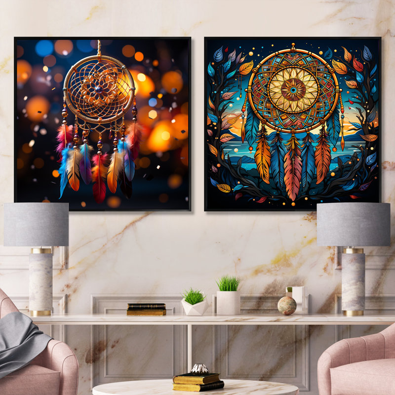 Dreamcatchers Dance - Dream Catcher, ensemble de 2 collages carrés, Cadre flottant noir, H 36 po x l 73 po