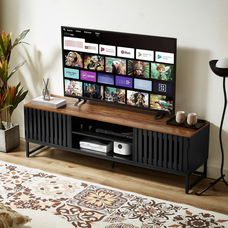 Meuble télé 63 po avec rangement considérable, portes rayées noires, matériau, 4 tablettes, idéal pour le salon, supporte une capacité de rangement de 60 po, apparence, assemblage, pour chambre et chambre à coucher, s'adapte à 60 po