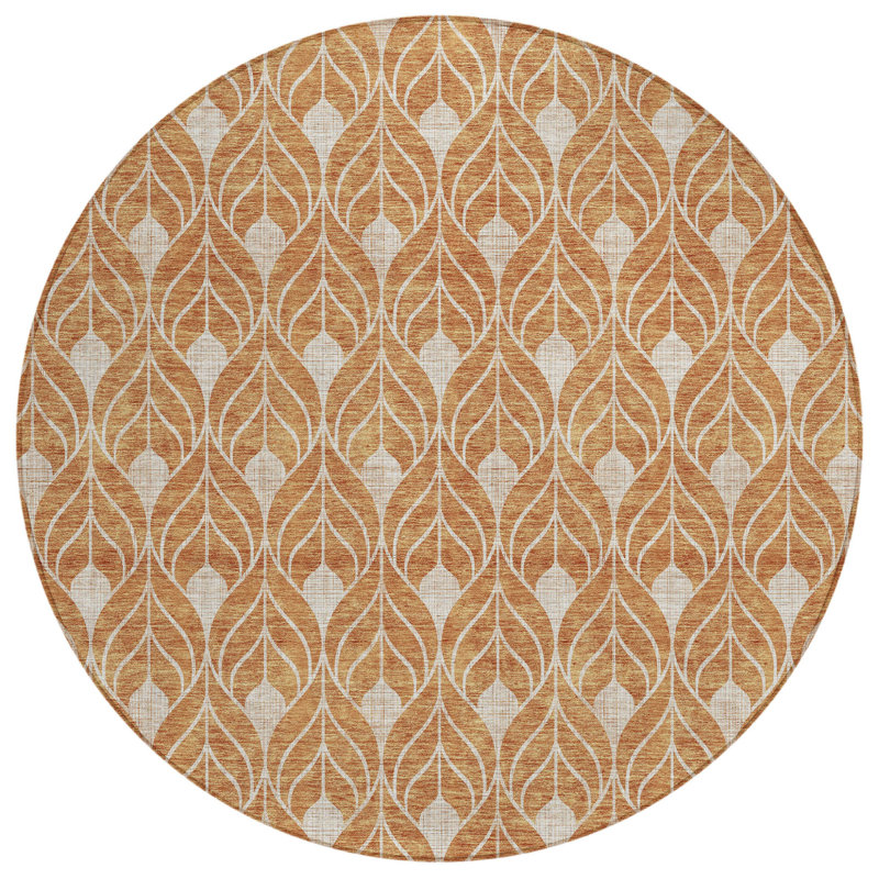 Tapis extérieur rond lavable géométrique 8 pi cuivre et beige