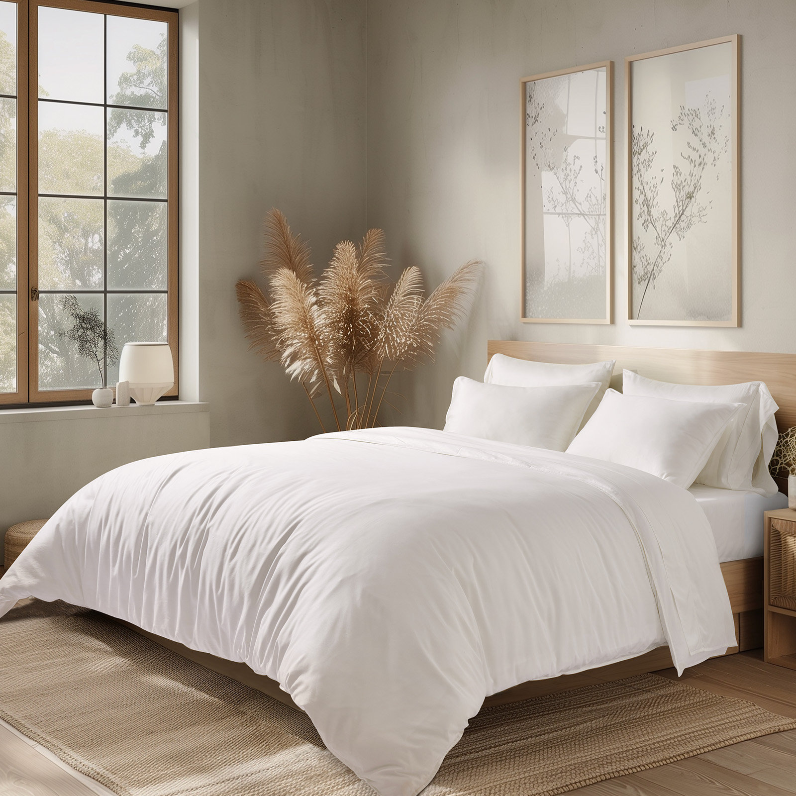 Cotton Tencel Duvet Cover Set, Bright White, Queen Duvet Cover + 2 Queen Shams