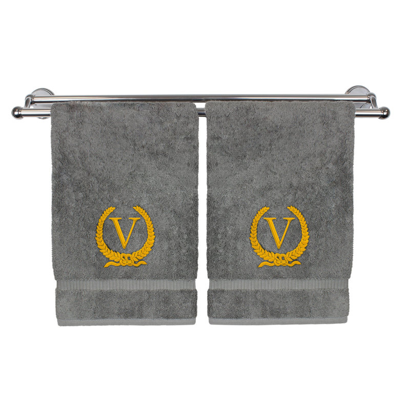 Essuie-mains monogramme - ensemble de 2 - lettre de conception de couronne, V, Gris / Or