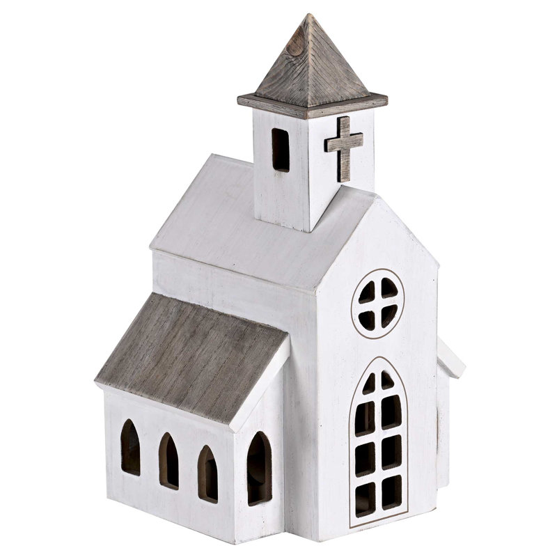 Figurine White Church Steeple Wood 11.5h