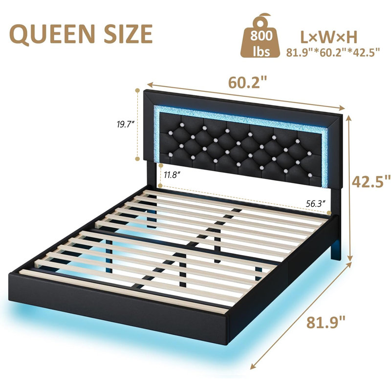 Alber Floating Bed Frame with LED Lights, Upholstered Platform Bed with Diamond Tufted Headboard, No Box Spring Needed, Noise Free, Easy Assembly