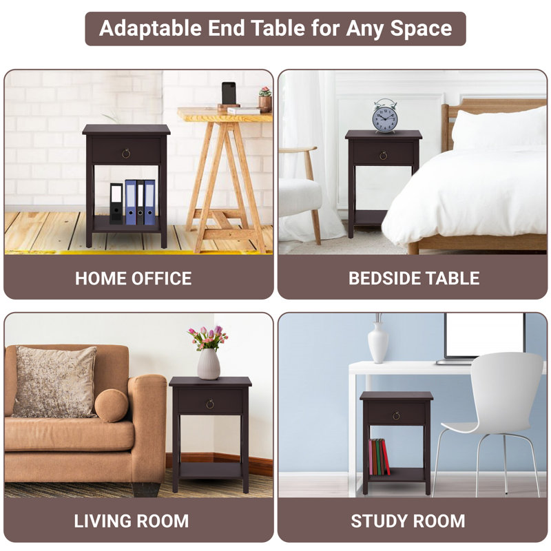 Espresso Solid Wood Small End Table with Drawer and Shelf