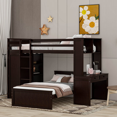 Rachele Loft Bed with a Stand-alone bed, Shelves,Desk,and Wardrobe