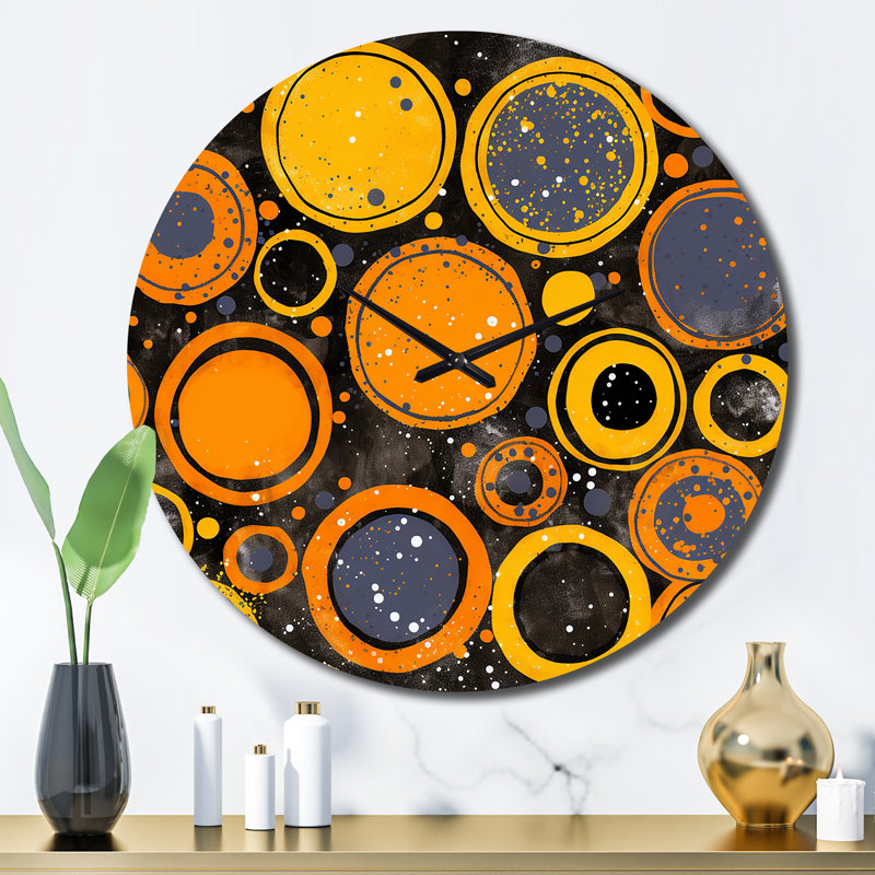 Horloge murale circulaire circulaire en lune, orange, jaune et gris, Grand