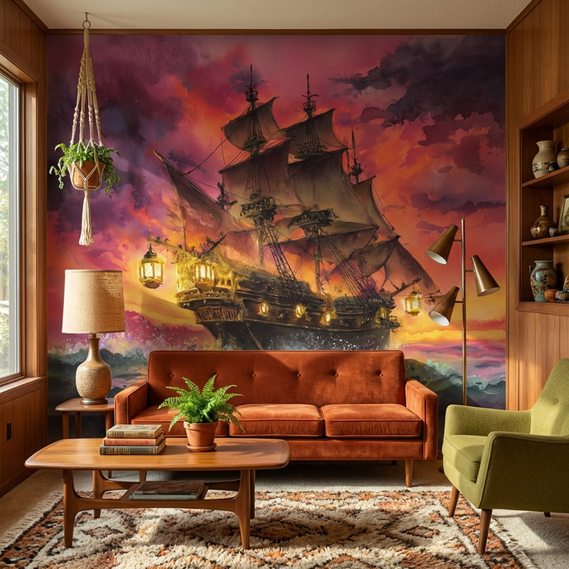 Papier peint mural représentant un bateau au coucher du soleil sur l'océan., 120"x96", Non-Woven Nonpasted
