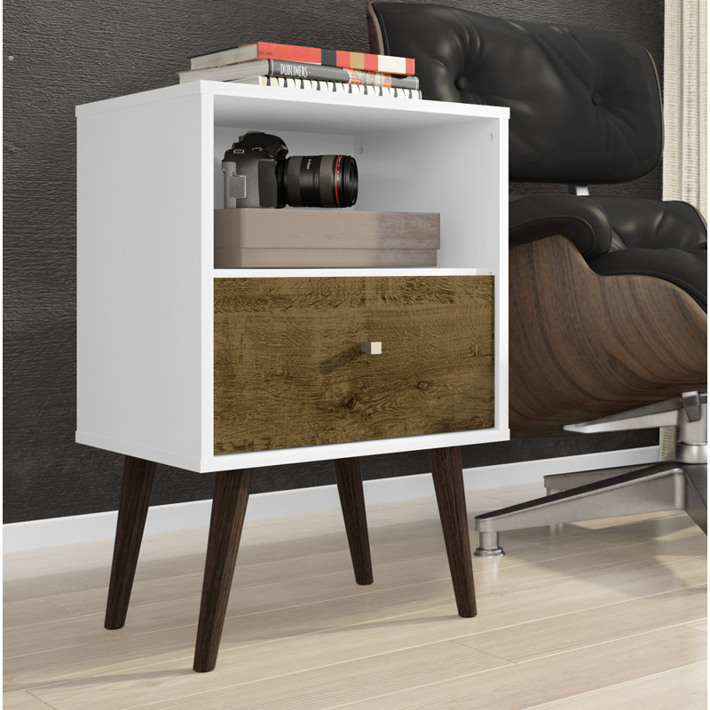 Liberty 18" W Mid-Century Modern 1-Drawer Nightstand in White and Rustic Brown, White/Rustic Brown