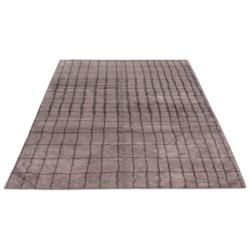 Tapis gris en laine noué à la main de conception unique 8 pi 1 po x 9 pi 11 po New Age