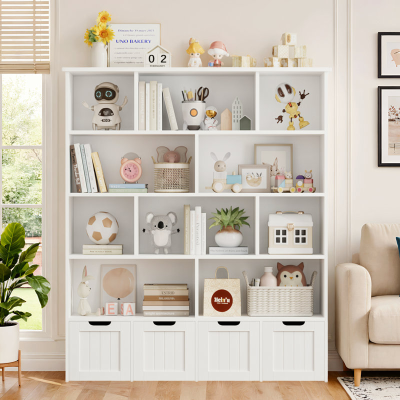 🧸 Kirklyn 57.5"H 5-Tier Cube Bookcase & Toy Storage Organizer, Kids Bookshelf with 4 Movable Drawers & 10 Storage Cubes, Children's Playroom Storage Unit
