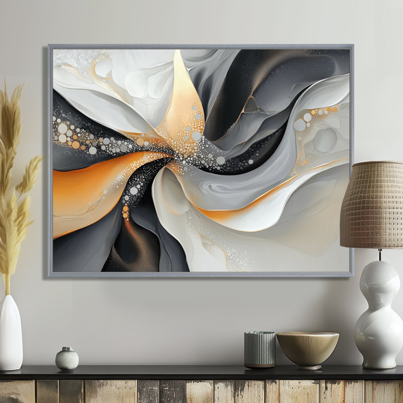 Fractale dorée et encre grise décalée I - Abstrait moderne transitionnel, art mural mural, H 12 po x l 20 po, Silver