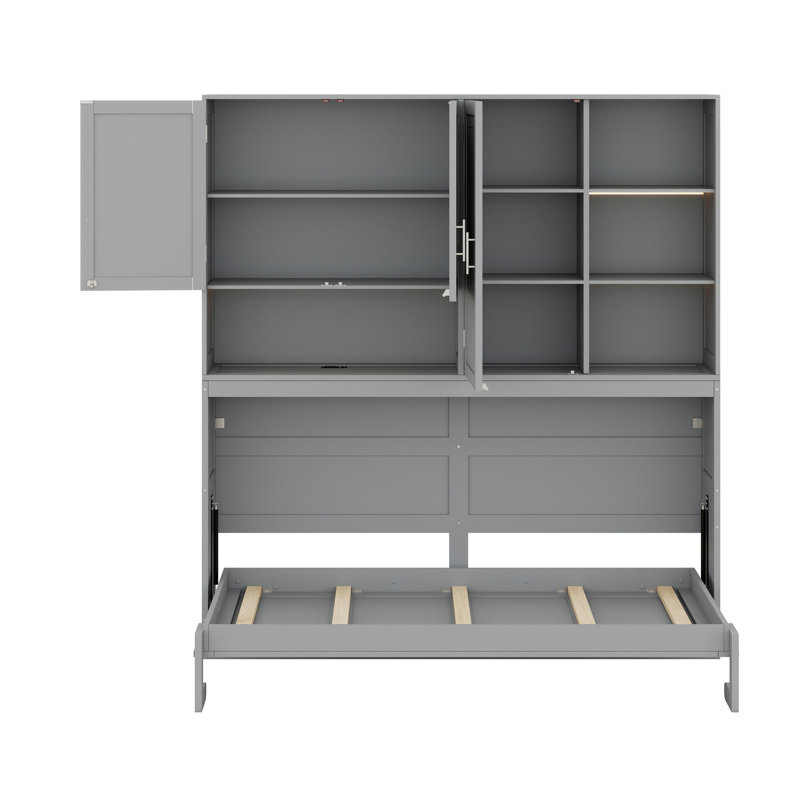 Lit escamotable avec armoire supérieure, tablettes, lit pliable peu encombrant avec éclairage et port USB, Gris