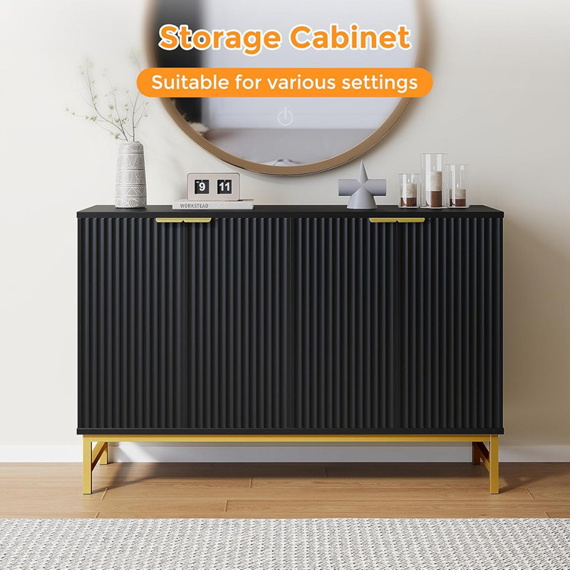 Buffet noir avec 4 portes cannelées, armoire d'appoint moderne de 47 po avec tablettes réglables, console et pieds solides, bar pour le salon, couloir