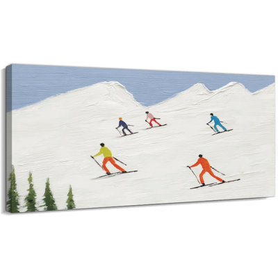  Art mural de Noël scène d'hiver, impressions sur toile de paysage d'hiver de skieurs, décoration murale montagne enneigée, toile tendue à la main pour salon, chambre à coucher, bureau, 40 x 20 po