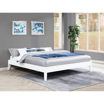 Universal White Bed Frame For Eastern King, Fully Slatted Frame, No Box Spring, Rubberwood Build King Platform Bedroom, Construction, Pre - Drilled Headboard Customization