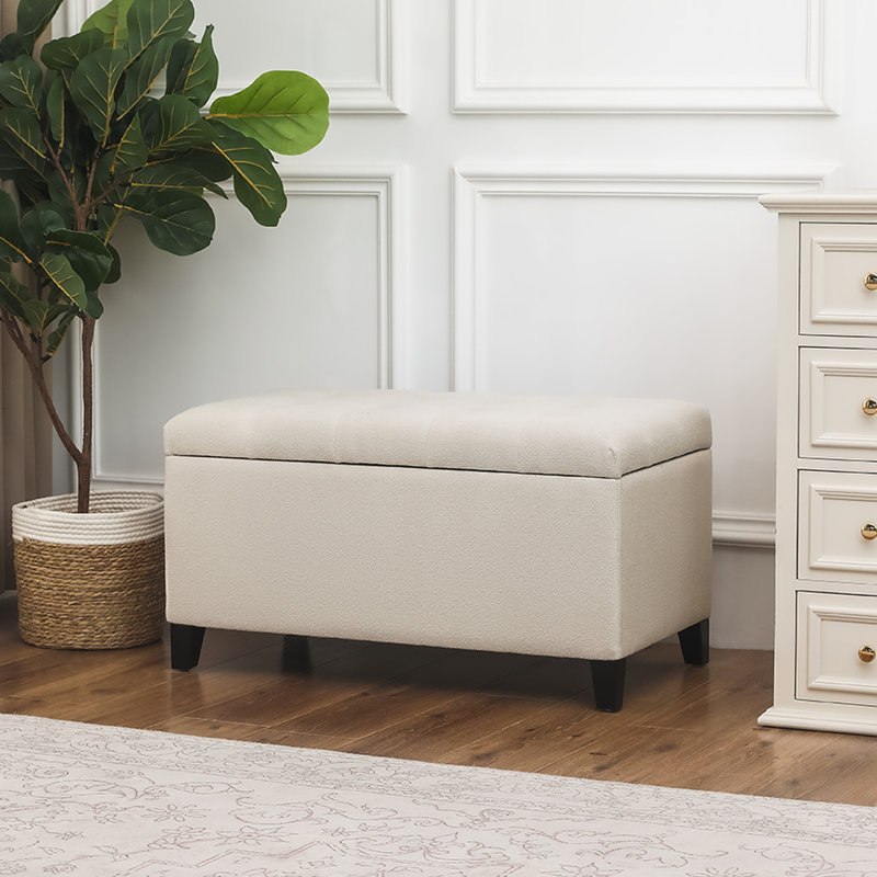 33 Inches Upholstered Storage Ottoman Bench, Beige