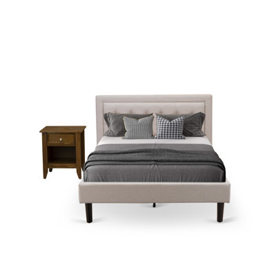 Ensemble de lit plateforme 2 pièces avec 1 base de lit en bois et une table de chevet en bois - Tissu de lin beige brume