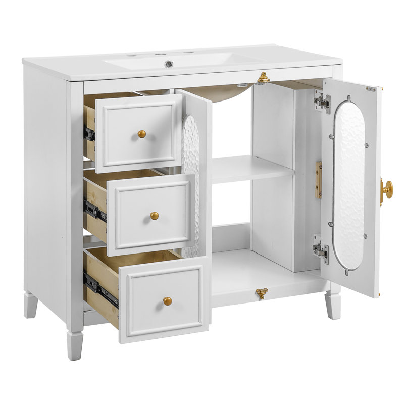 Meuble-lavabo de 36 po avec 2 portes à fermeture douce, 3 tiroirs, structure en bois massif, verre translucide, couleur blanche, lavabo en céramique lisse, apparence élégante facile à nettoyer