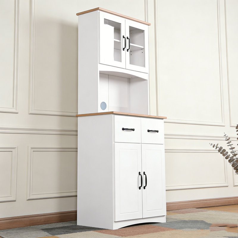 Armoire de cuisine en bois avec garde-manger et micro-ondes avec portes en verre encadrées et tiroir