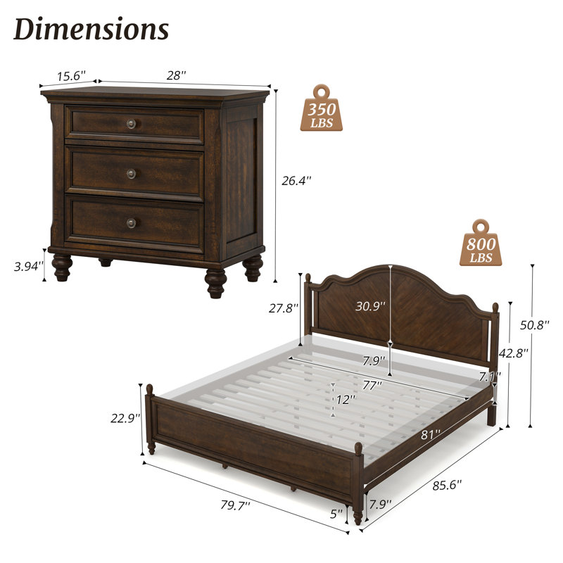 3-Piece Modern Solid Wood Bedroom Set, King, Dark Walnut
