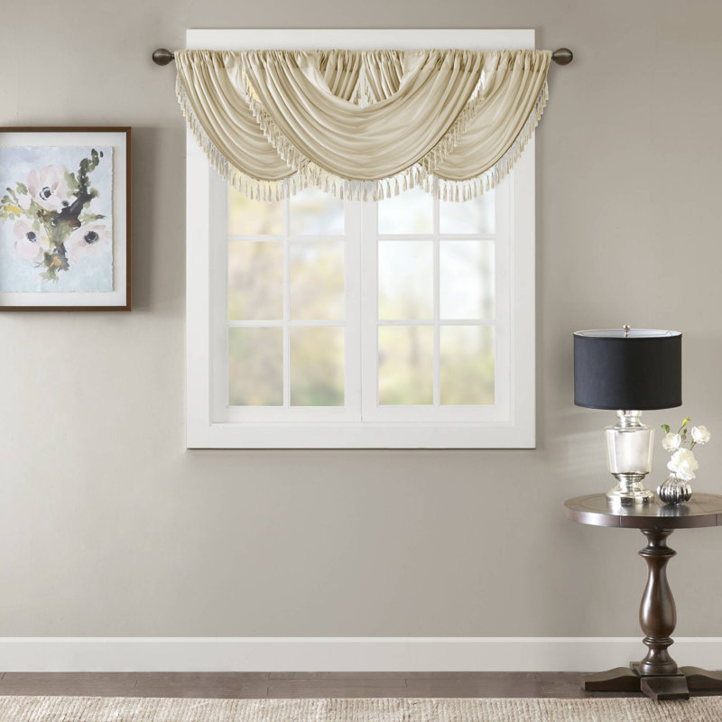 Elena Champagne Faux Silk Waterfall Embellished Tassel Trim Single 38x46" Window Valance, Champagne