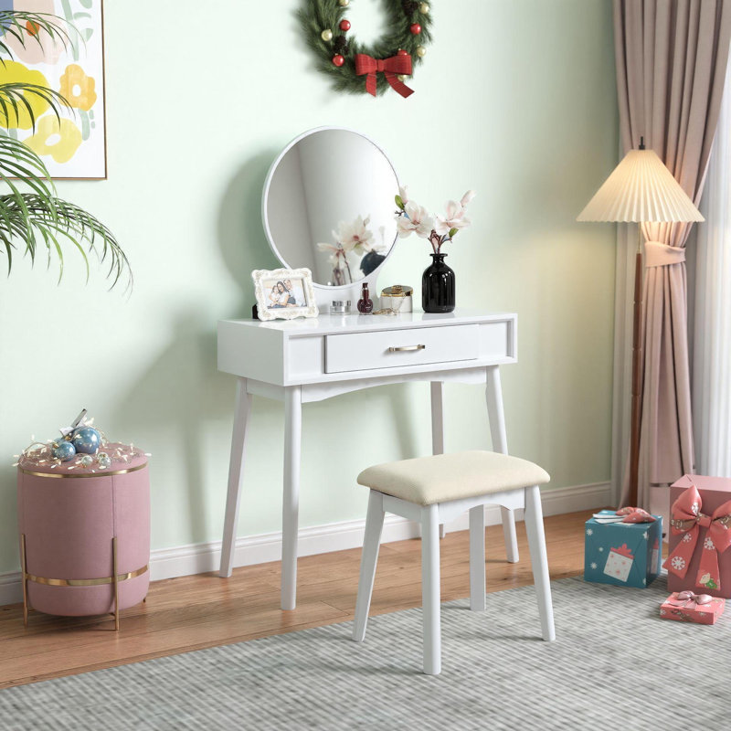 Contemporary Wood Vanity And Stool Set With Drawer, White