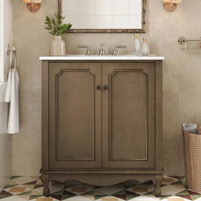 Meuble-lavabo vintage avec lavabo en céramique et tablettes réglables (brun antique)