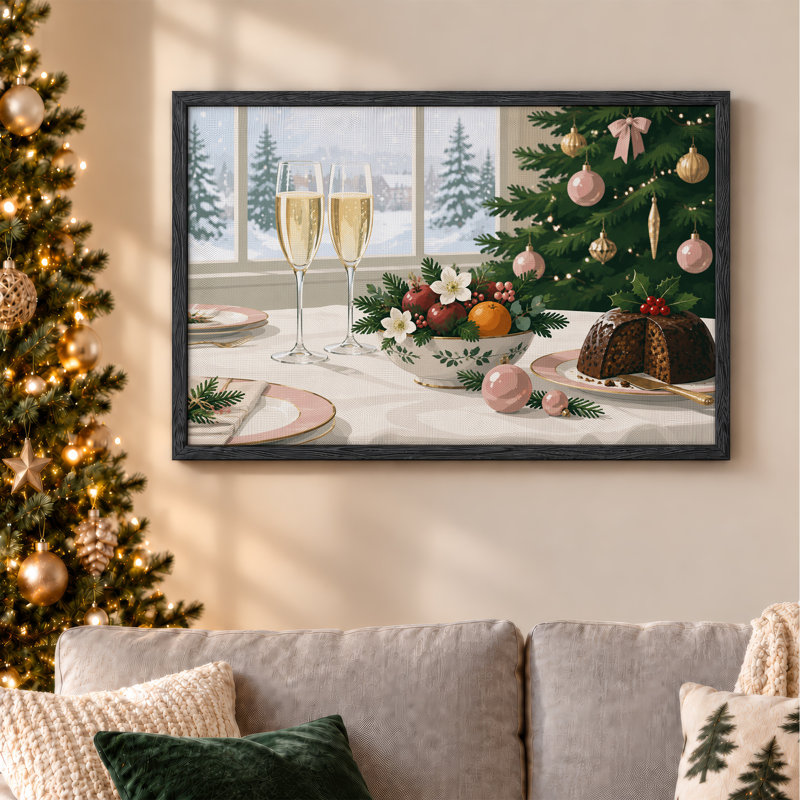 «Champagne Flutes and Pudding on Winter Table Christmas», art mural sur toile, H 18 po x l 24 po