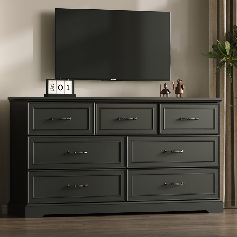 7-Drawer Dresser, 57" Wide Farmhouse Wood Chest of Drawers, Large Storage with Metal Handles, White Rustic Organizer for Bedroom, Living Room & Hallway
