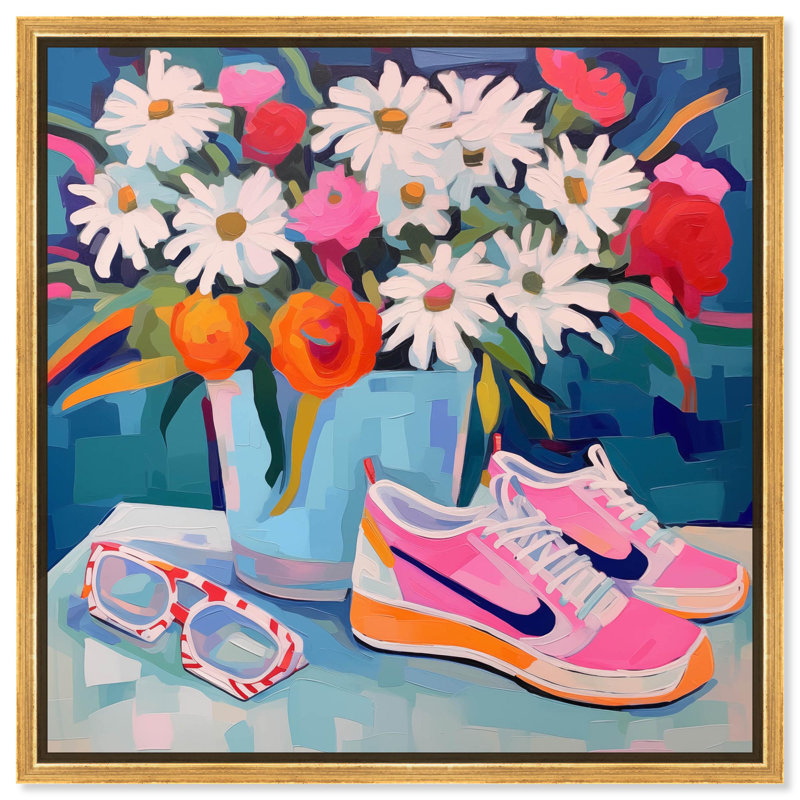 «Whimsical Sneakers and Flower Vase Canvas Sneaker», art mural , Cadre flottant doré, H 31 po x l 31 po