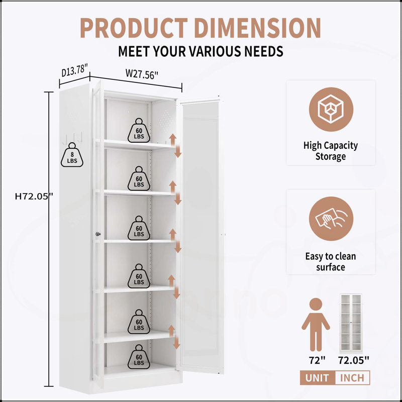 Garde-manger en métal durable - hauteur de 72 pouces avec 5 tablettes réglables, rangement autoportant blanc pour la cuisine et la salle de bain