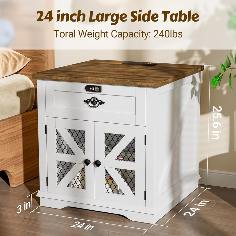 Farmhouse Nightstand Side Table with Chargers, 24” Side Table with Drawer Combination Lock and Wire Barn Door, White