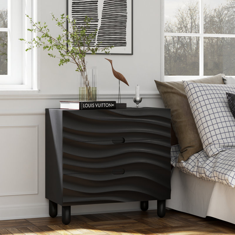 Modern 3 Drawer Wood Dresser With Wave Drawer Fronts In Black, Black