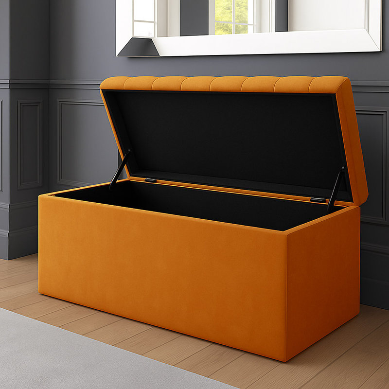 SD Plush Velvet Chesterfield Upholstered Ottoman Storage Box, 43cm H x 137cm W x 40cm D, Burnt Orange