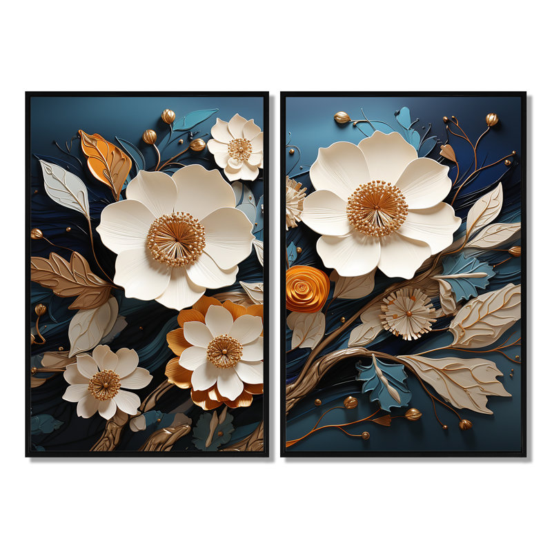 Blanc et or, charmante fleur printanière II, art mural traditionnel sur toile, H 36 po x l 48 po, Noir