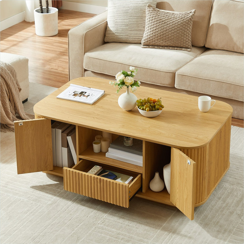 Table basse ovale avec tiroirs et rangement, ton naturel, 46,5 pouces, centre de table de salon