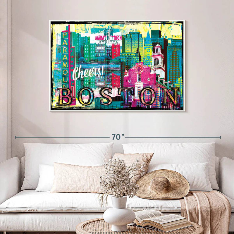 Repères grunge de Boston City, 46 po x 31 po, Cadre flottant blanc