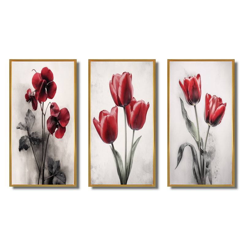 «Red Violets Dreamer», 3 pièces sur toile, H 28 po x l 36 po, Cadre flottant doré