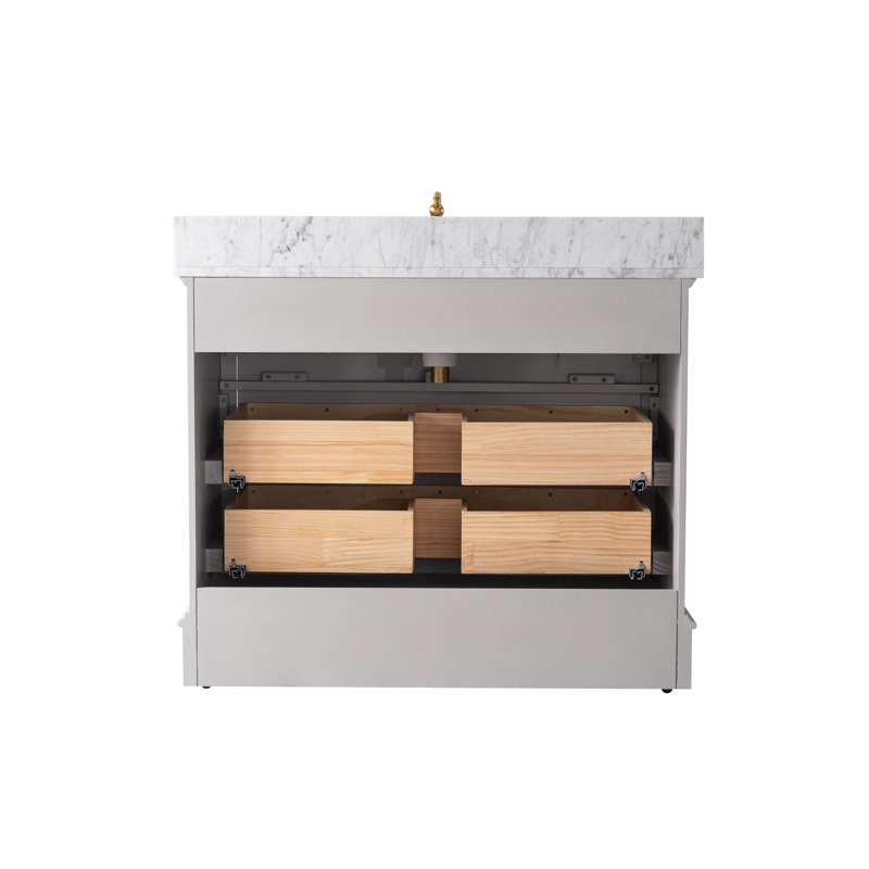 Meuble-lavabo simple en bois massif et manufacturé avec plateau en marbre Goleta, Taupe / or brossé